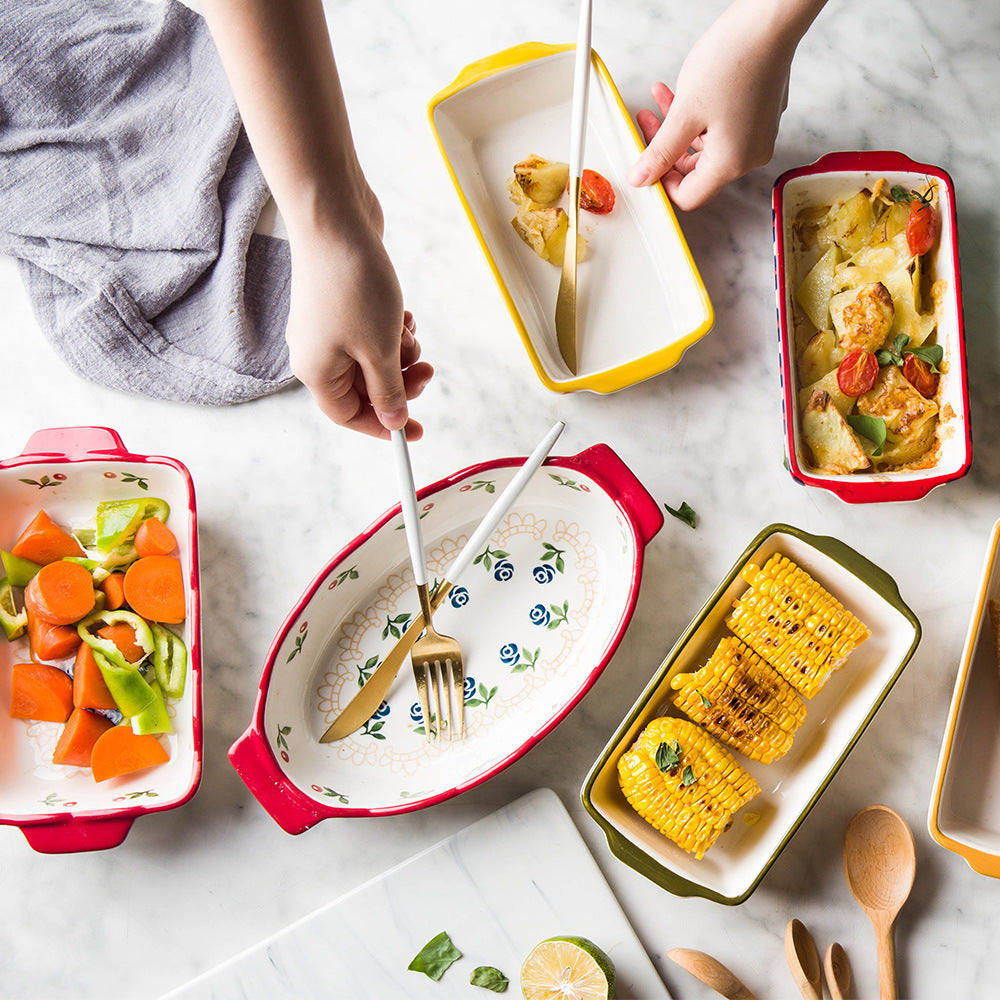 European Creative Binaural Baking Pan Ceramic Baking Oven Oval Baked Rice Pan صينية أنيقة بتصميم أوروبي فاخر، مصنوعة من السيراميك المقاوم للحرارة، مزوّدة بمقبضين مقاس ٢٦ سم